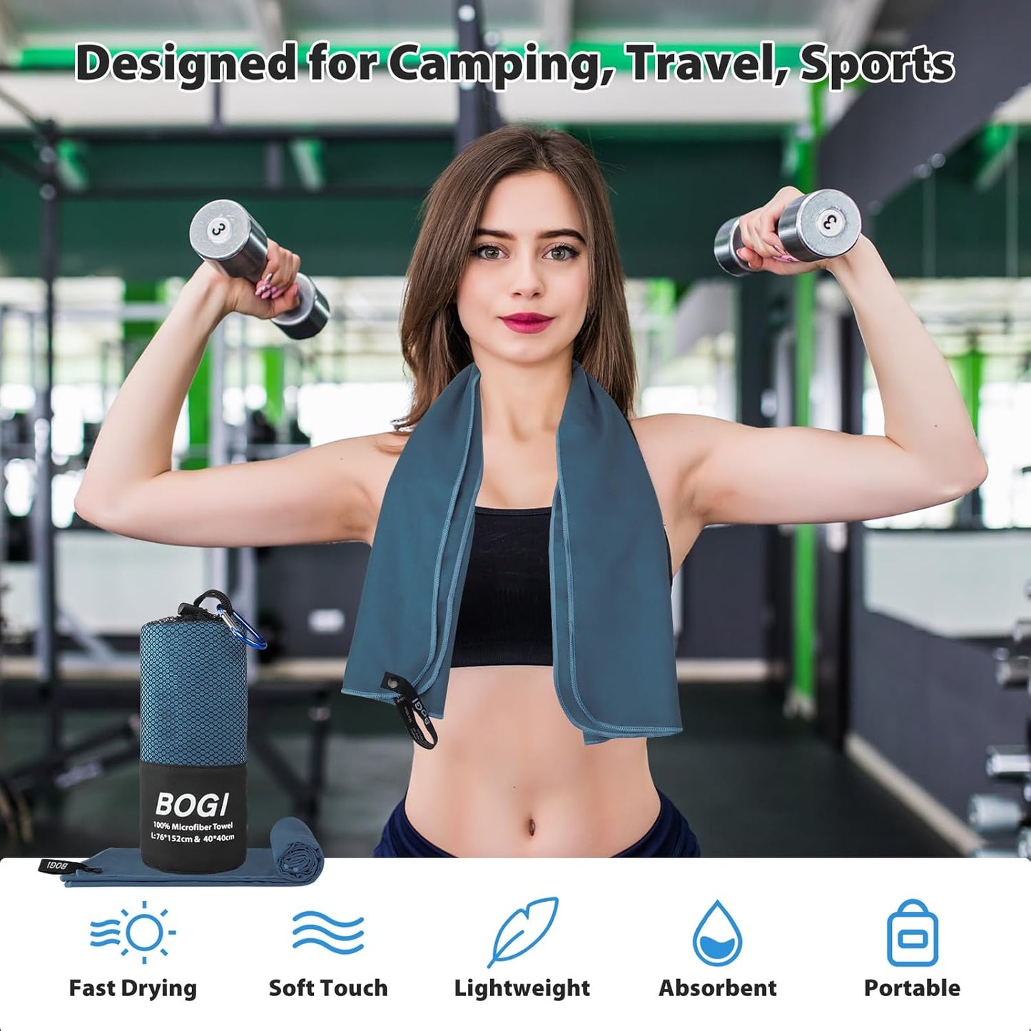 BOGI Microfiber Travel Sports Towel-Quick Dry Towel, Soft Lightweight Microfiber Camping Towel Absorbent Compact Travel Towel for Camping Gym Yoga Swimming Backpacking (XL:72''x32''+16''x16''-Nblue)