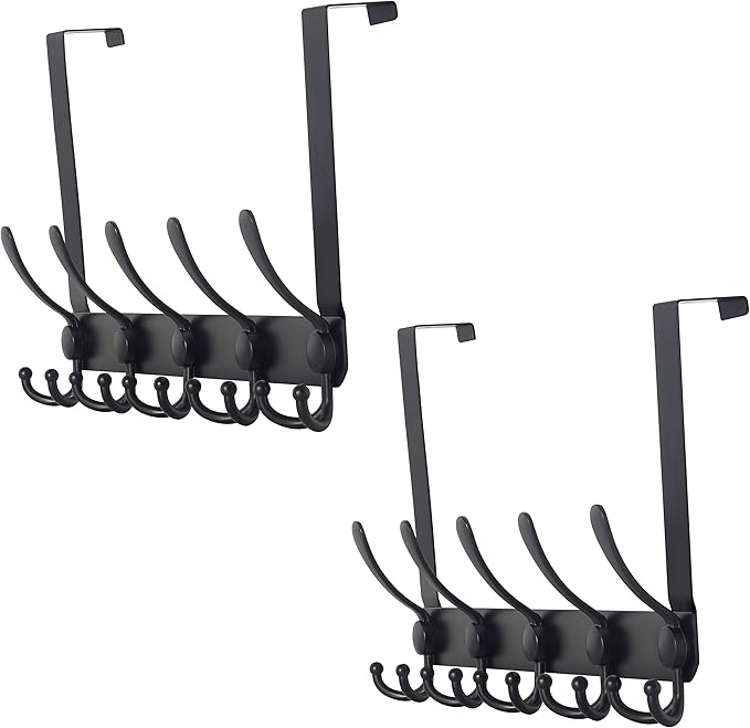 Dseap Over The Door Hook Hanger - 5 Tri Hooks, Heavy Duty Over The Door Towel Rack Coat Rack for Clothes Hat Towel, Black, 2 Packs