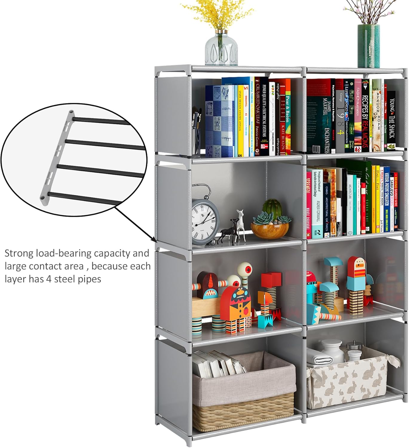 JIUYOTREE 5-Tiers Closet Storage Organizer with Fabric Cloth at Back，Double Row Modular Cubes Bookshelf,Living Room,Study Room,Bedroom,Grey