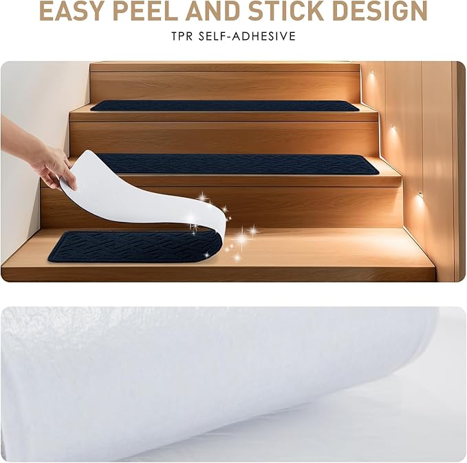 Stair Treads for Wooden Steps, 8" X 30" Non Slip Stair Runner Carpet Indoor with Reusable Adhesive Backing, Soft Tread Mat for Stairs, Polyester TPR Backing Stair Rugs-Navy Blue 15 Pack