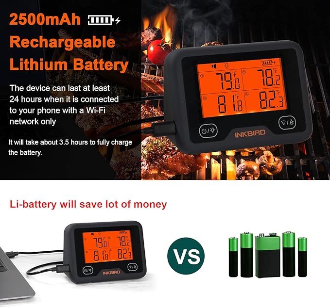 Bluetooth and WiFi Meat Thermometer IBBQ-4BW, Smart Wireless Grill Thermometer, 4 Color Probes | Mobile Notification, High/Low Timer, Rechargeable Digital Bluetooth Thermometer for Smoker Oven Kitchen