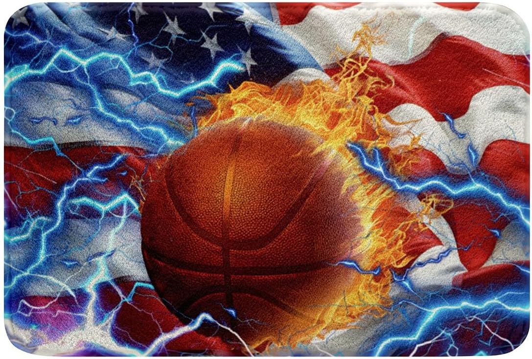 Feelyou 3D Basketball Soft Fleece Door Carpet Retro USA Flag Polyester Bath Rug for Kids Boys Girls Ball Games Sports Non Slip Bath Mat American Flag Bathroom Floor Indoor Doormat,20x32 Inch