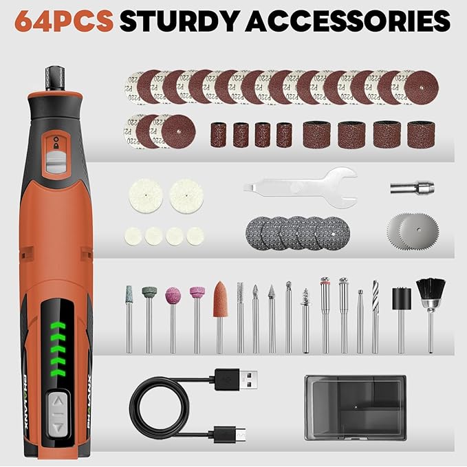 Rotary Tool - 4V Rotary Tool Cordless, Rotary Tool Accessories 64 PCS 2500mAh Li-Ion Battery, Preset 5 Speed Adjustment Grinder Tool for Cutting Sanding Carving Polishing Engraver DIY Crafts (Orange)