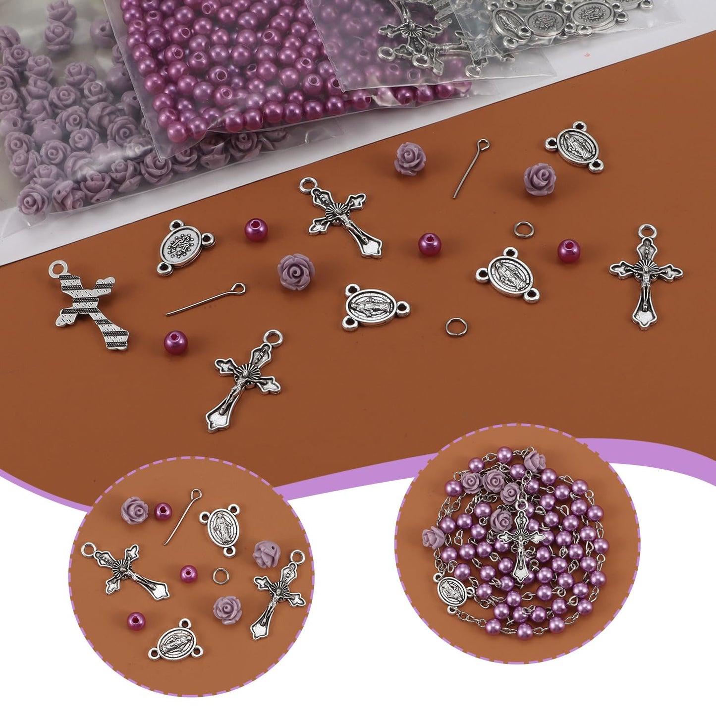 OEMOO 1410PCS Rosary Jewelry Making Kit Rosary Prayer Making Supplies Carved Rose Beads Cross Centerpiece Crucifix Medal, Silver Jesus Maria Pendant for Rosary Bracelet Necklace Jewelry (Purple)