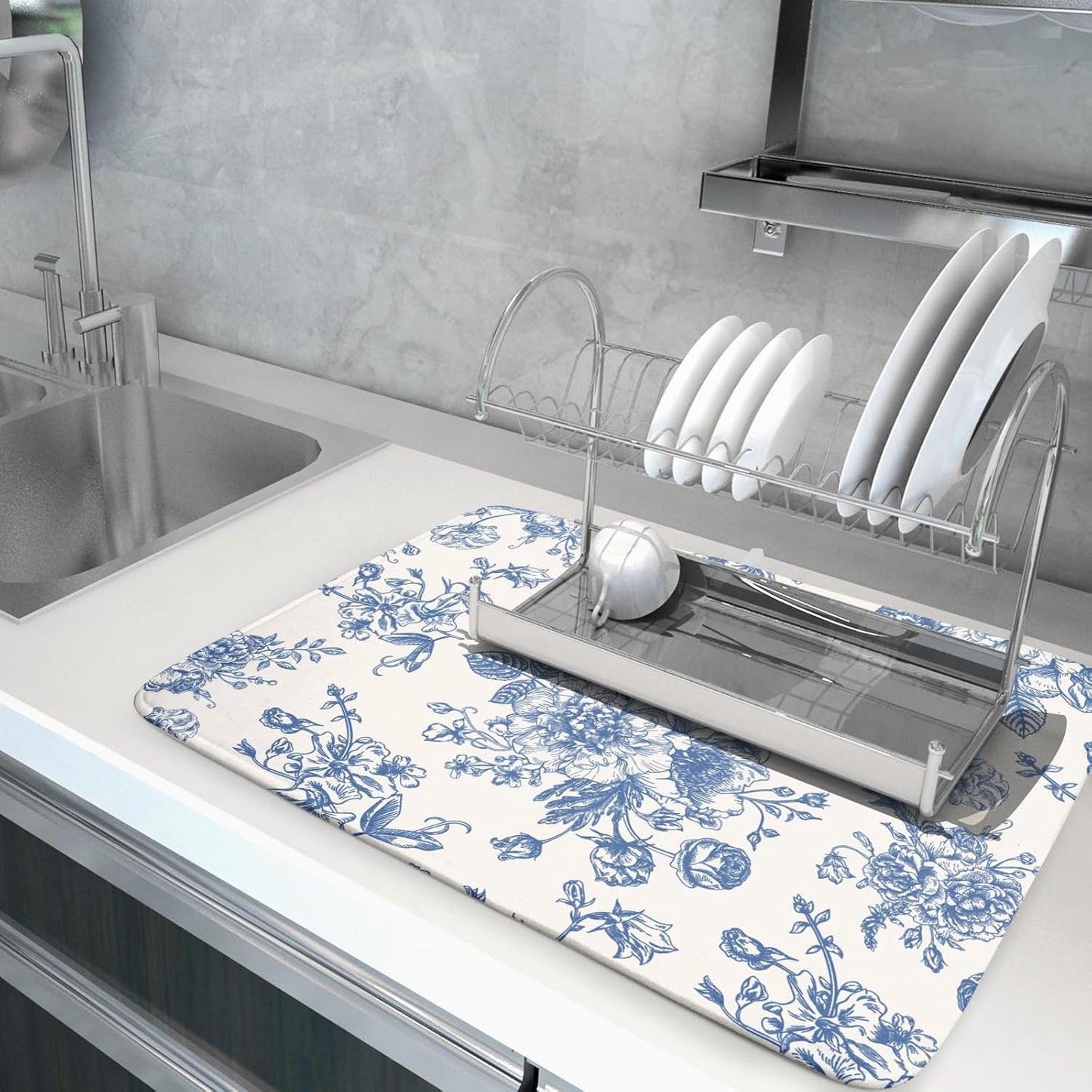 Vintage Blue Floral Dish Drying Mat for Kitchen Counter 18x24 Inch Chinoiserie Flowers Absorbent Reversible Microfiber Dish Pad Dish Drainer Rack Mats Countertops Protector Mat