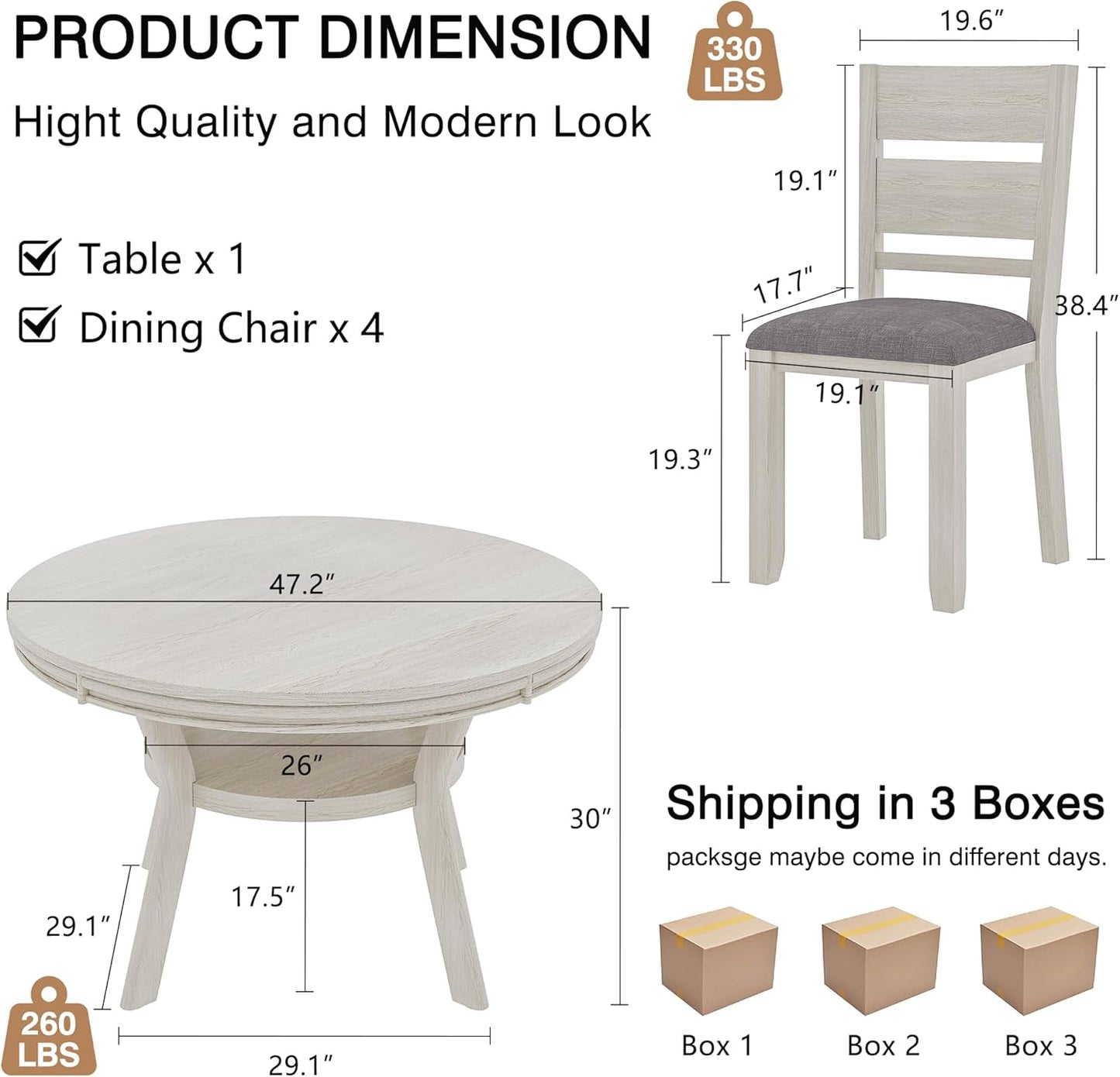 5-Piece Solid Wood Dining Table Set for 4, Round Kitchen Table Set with 4 Upholstered Chairs, Farmhouse Dining Sets for Kitchen, Dining Room, Rustic Grey