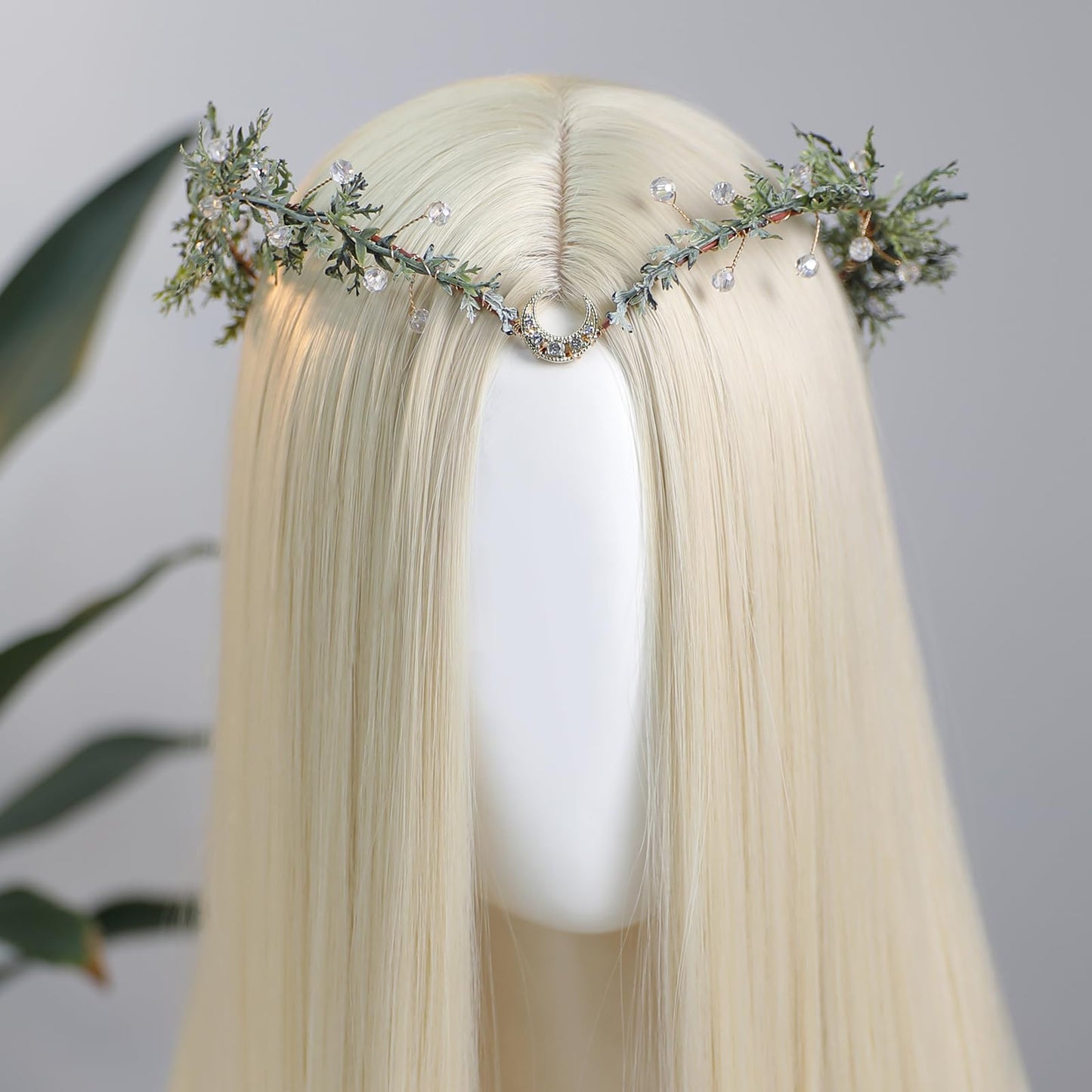 MOSTORY Green Flower Fairy Crown - Elf Crown Headpiece for Woodland Renaissance Costume Women, Floral Forest Circlet with Rhinestone for Renfaire Cosplay Photo Shoot