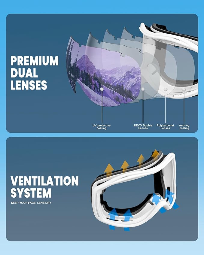 AVV Ski Goggles UV Protection, Anti-Fog Snowboard Snow Goggles OTG for Men Women Adults & Youths