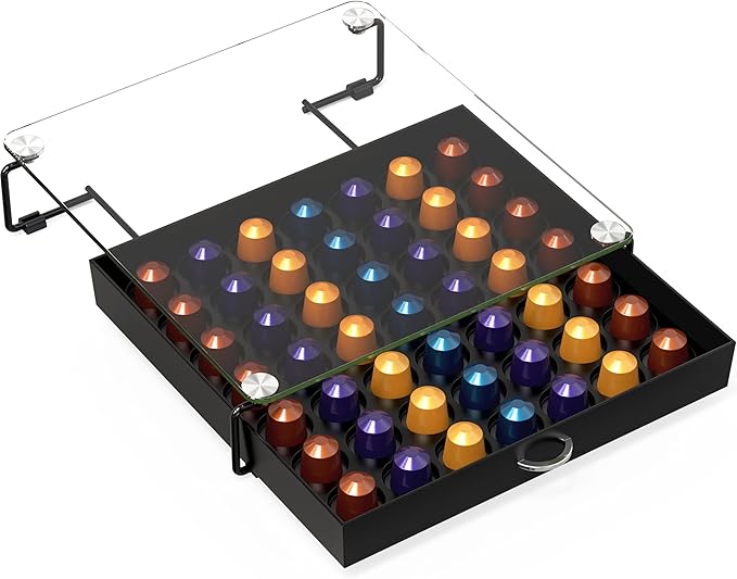 Deco Brothers Crystal Tempered Glass OriginalLine Pod Holder Drawer, 49 Capsule Organizer, Black