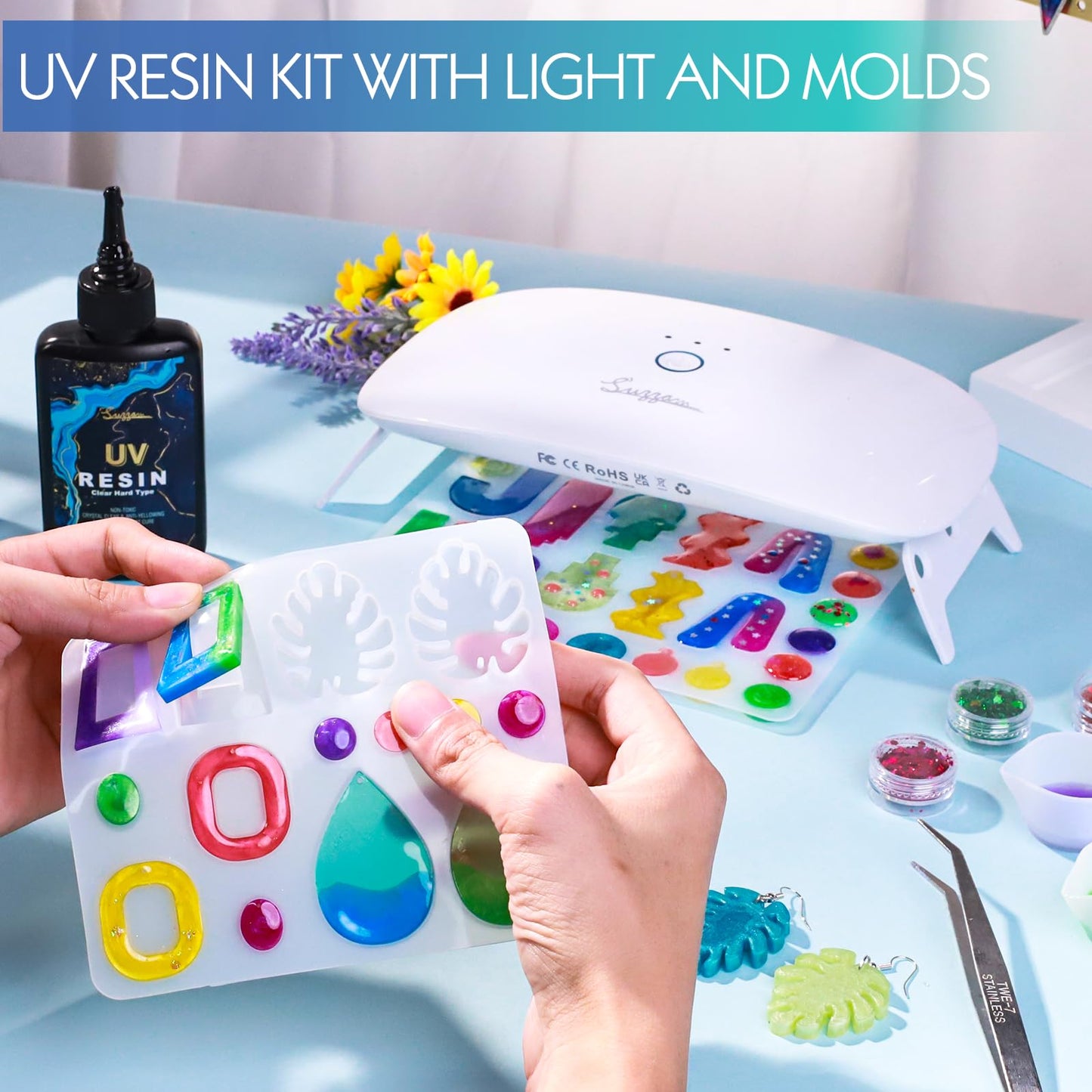 Suzzam UV Resin Jewelry Making Kit, 300g Crystal Clear UV Resin Kit with Molds, 30w & 22 Lamp Beads UV Resin Light Large for Craft Making Earrings, Necklaces, Keychains