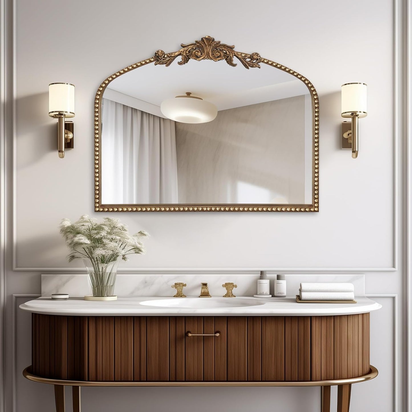 Baroque Arch Mirror for Living Room Wall, 36" X 30" Antique Gold Traditional Cathedral Ornate Beaded Arched Frame Decorative Vanity Mirrors for Mantel Fireplace, Bathroom, Bedroom Decor