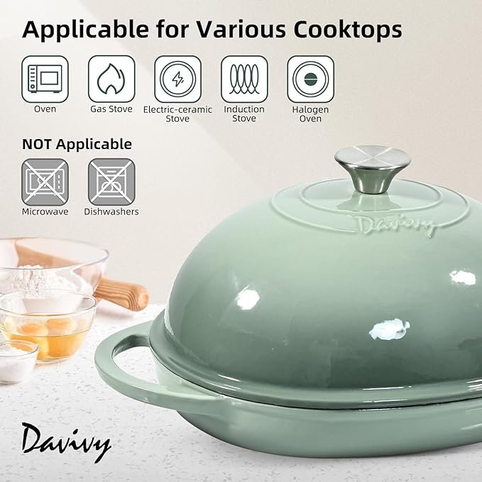 Davivy 6QT Oval Cast Iron Bread Oven with Domed Lid, Dutch Oven for Sourdough Bread, 6QT Bread Cloche Dutch Oven Sourdough Baking Pan with Lid - Sea Salt Green