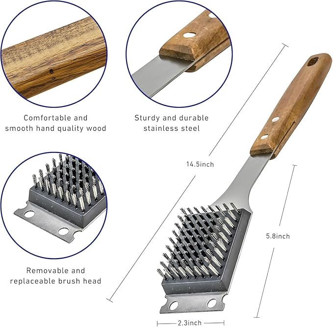 Leebein Brush and Scraper for Barbecue – Grill Brush for Outdoor Grill with Extended, Large Wooden Handle and Replaceable Stainless Steel Bristles Head
