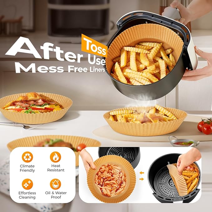 100Pcs Air Fryer Paper Liners Disposable, 8 Inch Max Xl Large Cooker Air Fryer Disposable Paper Liners, Oil Proof Parchment Sheets Round Basket Bowl Liner for Baking
