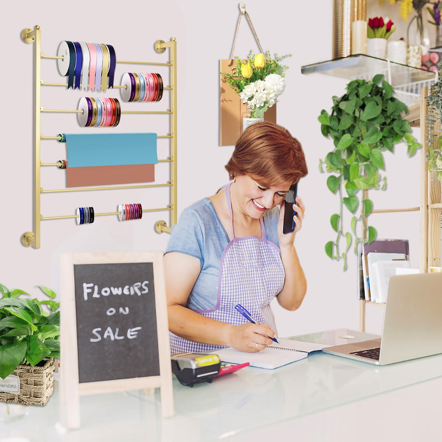 Yonynise Ribbon Storage Organizer,Wall Mounted Ribbon Holder Rack,7 Tier Large Capacity Metal Ribbon Storage for Craft Room,Flower Shop,Cake Shop,Gift Wrapping Paper,Golden