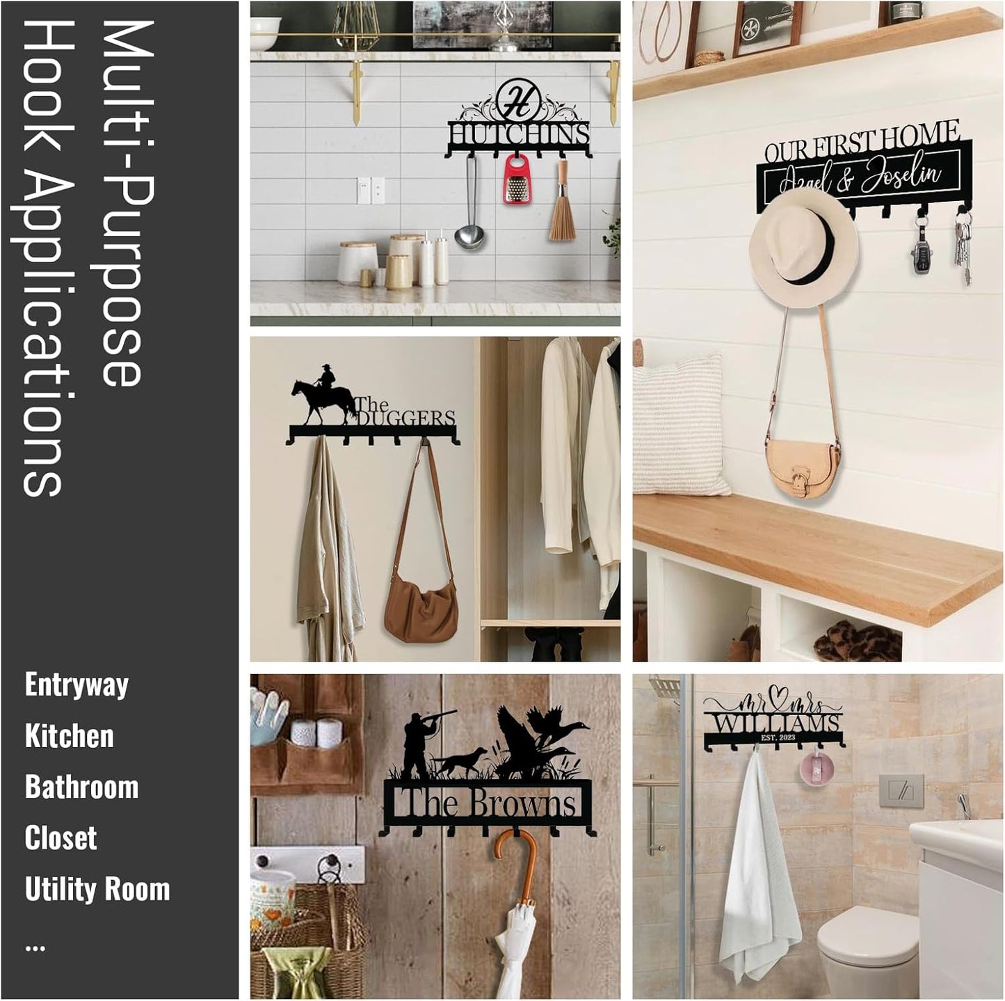 NIWAHO Personalized Family Name Metal Wall Sign with Hooks – Bass Fishing Key Rack Holder Wall Mount Customized Name for Entryway, Mudroom, Kitchen, or Bathroom Decor