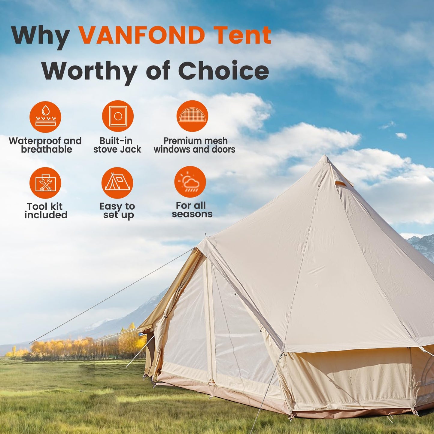 Canvas Bell Tent with Stove Jack - Waterproof and Breathable Yurt, Glamping Tent with Detachable Groundsheet for Camping Party