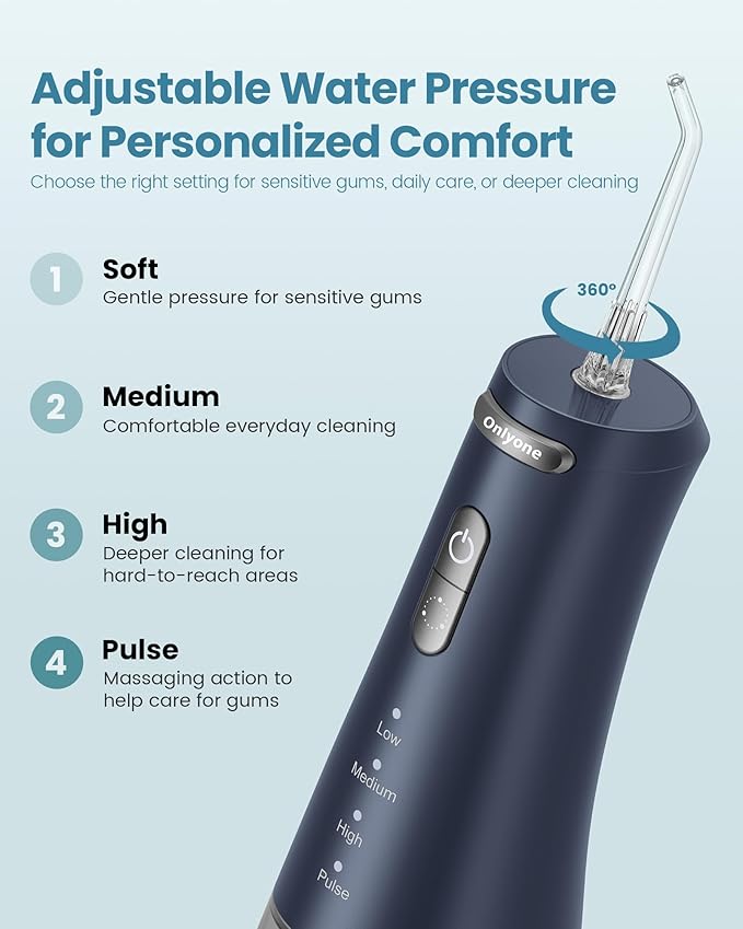 Onlyone Water Dental Flosser Pick for Teeth 300ML Portable Oral Irrigator Rechargeable Travel Irrigation Cleaner Cordless Electric Flossing Machine for Teeth Cleaning Power Flossers IPX7 Waterproof