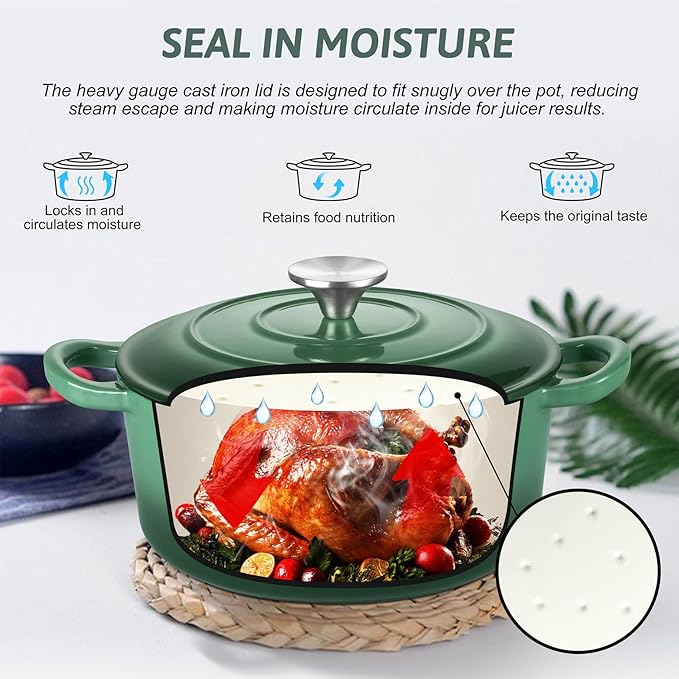 TeamFar Enameled Cast Iron Dutch Oven - 3QT Small Dutch Oven Pot with Lid - Heavy Duty Cast Iron Pot Cookware for Bread Baking, Braising, Stewing, Roasting, Basil Green