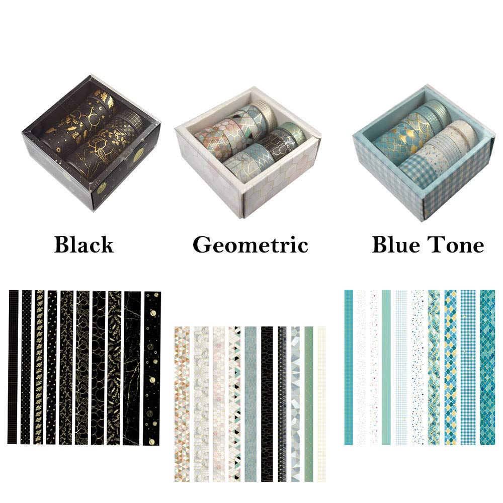 LongSLong Washi Tape Set 10 Rolls Masking Tape Floral Gold Decorative Paper Tape for Scrapbook Arts, DIY Crafts, Bullet Journal Supplies, Planners, Scrapbook, Card/Gift Wrapping (Black)