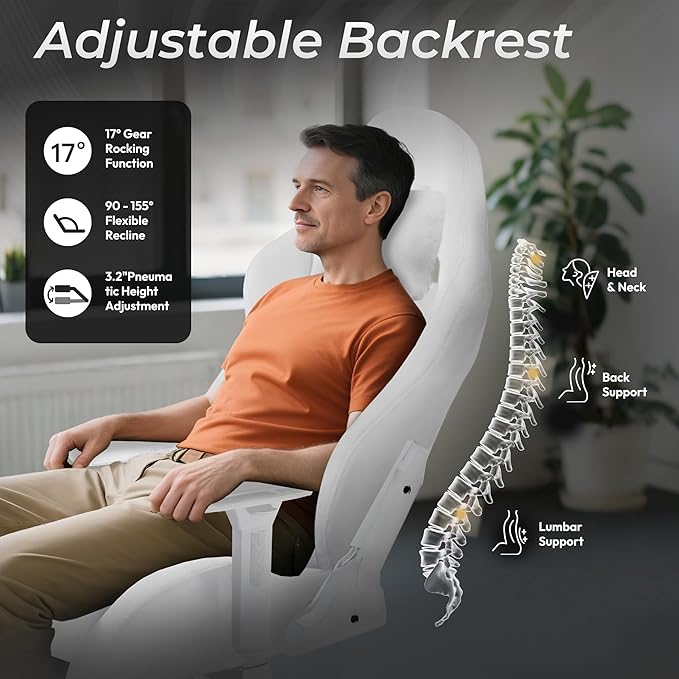 Dowinx Big and Tall Gaming Chair with Suede Fabric Breathable, Game Chairs for Adults with Oversized Thick Seat for 440lbs, Ergonomic Gamer Chair for Streaming & Long Gaming Sessions, White