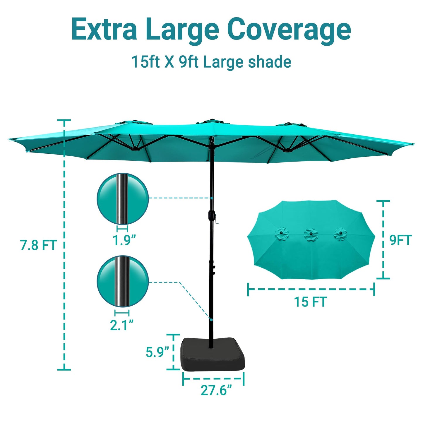 Bigroof 15ft Patio Umbrella with Base, Large Outdoor Double-Sided Market Umbrella with Terylene Polyester Fabric and Crank for Poolside Garden Deck Backyard Beach Pools (Turquoise)
