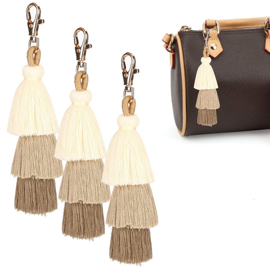 Pssopp 3Pcs Colorful Boho Pom, Pom Tassel Tassels Keychain Bohemian Handbag Key Chain Tassel for Women and Bag Decoration Supplies(Coffee Color)