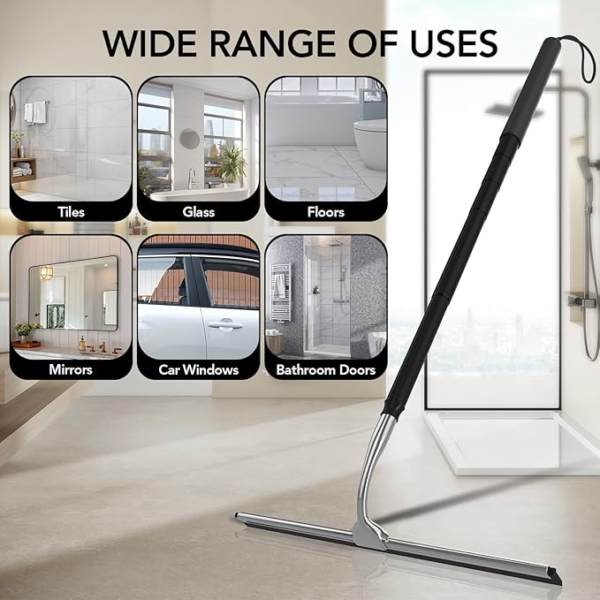 Shower Squeegee with Long Handle, 15-51" Telescopic Squeegee for Window Cleaning, Window Squeegee for Glass Doors, Extendable Window Cleaner Tool for Tile Walls, Sliding Door, Floor, Car Windshield
