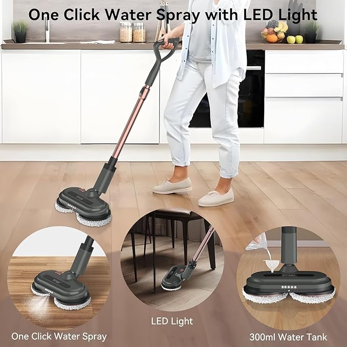 Cordless Electric Mop, Electric Floor Cleaner with Water Sprayer & LED Headlights, Up to 60 mins Lasting Time, Powerful Spin Mop with Extendable Tube, Self-Propelled, Floor Cleaning Solution included