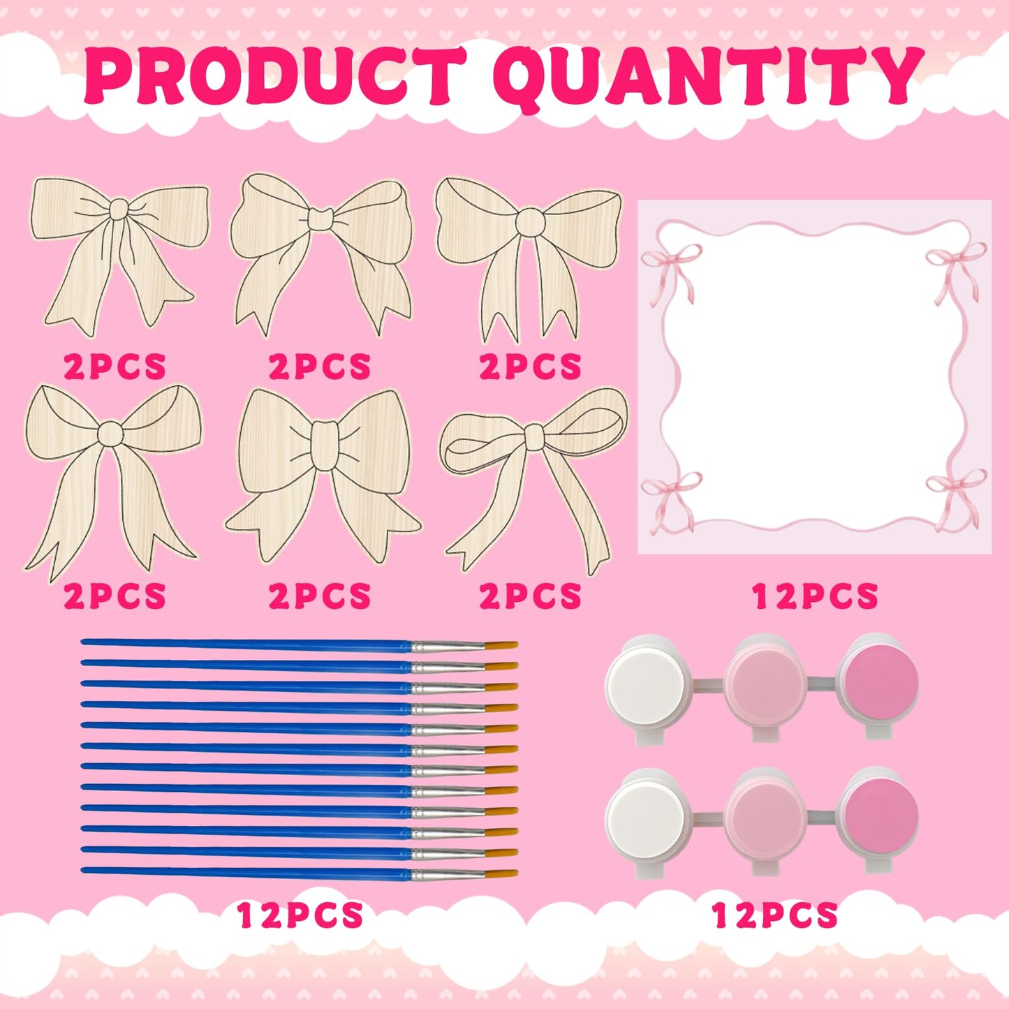HABDJILTY 12 Pcs Pink Bow Party Favors Bow Wooden Crafts for Kids Coloring Wood Pink Bow Crafts, Bows DIY Painting Craft Kits for Student School Art Activity Gifts Games Party Supplies