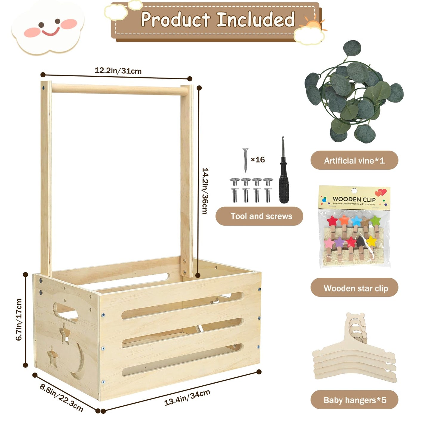 Simabsie Wooden Baby Shower Crate Closet with Hangers, Moon Stars - Personalized Newborn Basket Gifts for Expecting Parents