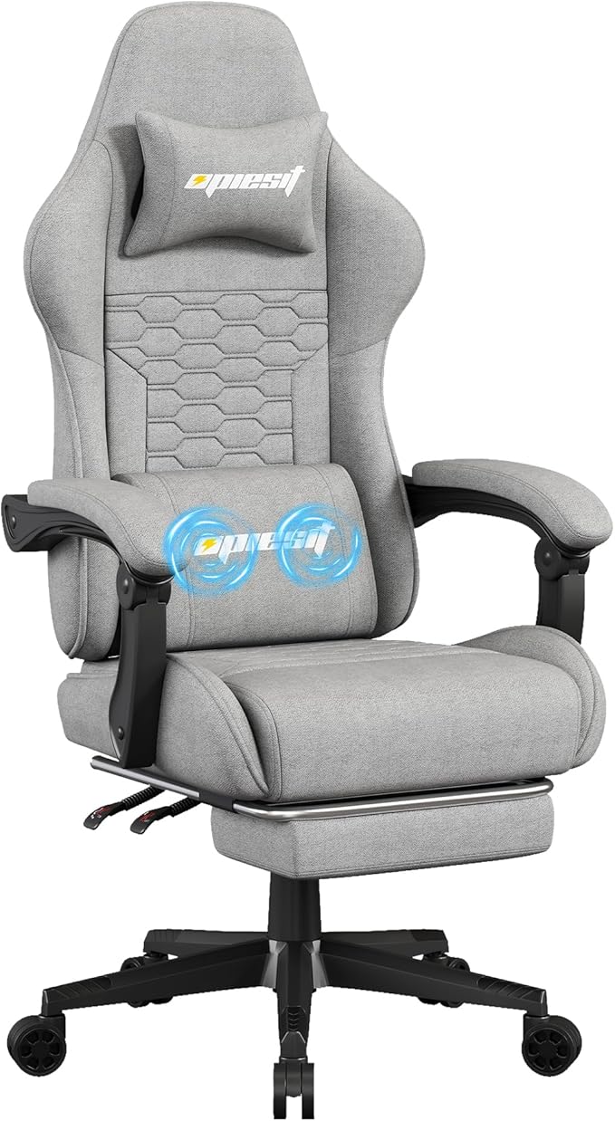 Gaming Chair,Fabric Computer Chairs with Lumbar Support and Massager,Ergonomic Office Chair with Footrest & Pocket Spring Cushion,Bearing 400 LBS(Grey