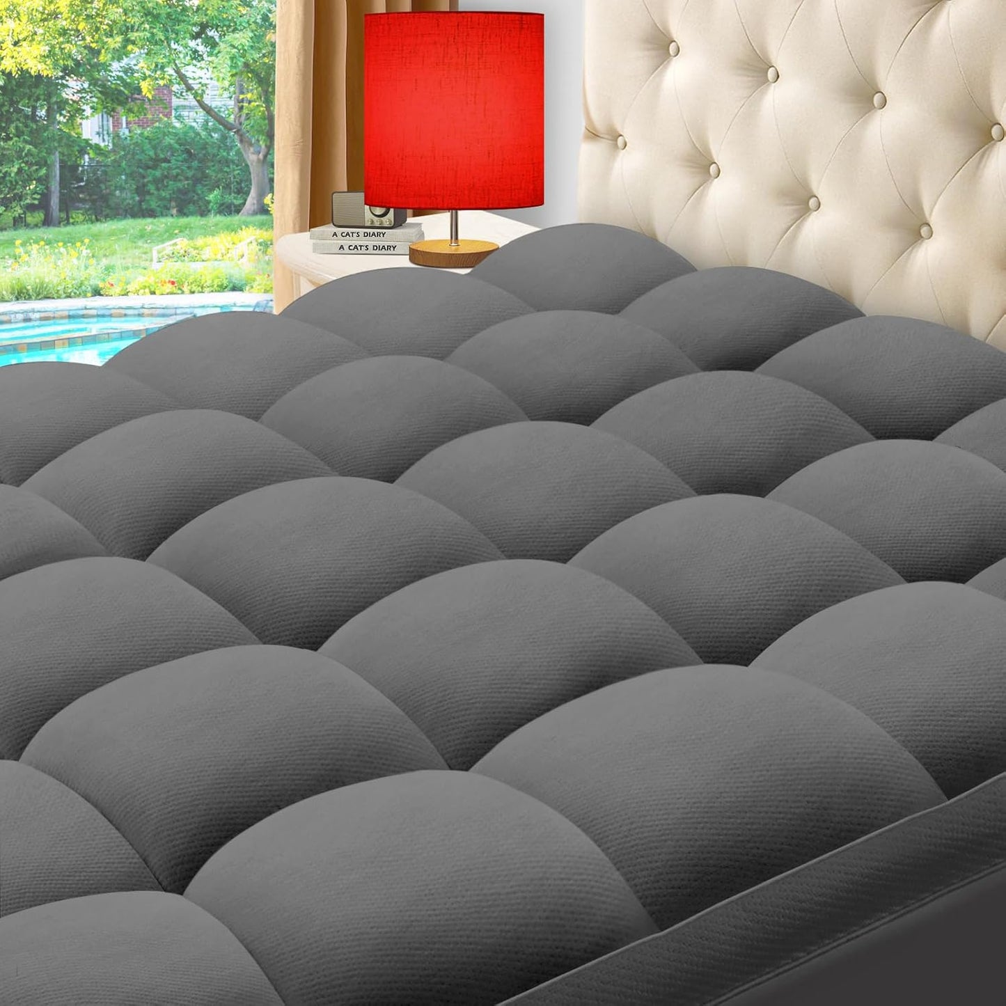 ELEMUSE California King Grey Cooling Bamboo Viscose Mattress Topper for Back Pain, Extra Thick Mattress Pad Cover, Plush Soft Pillowtop with Elastic Deep Pocket, Overfilled Down Alternative Filling