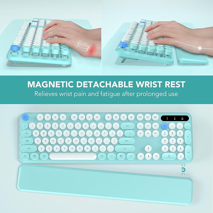 Wireless Keyboard, Round Keycaps, Retro Typewriter Keyboard with Detachable Wrist Rest, Sleep Mode, Foldable Legs, 2.4GHz Full-Size Cordless Computer Keyboard for Windows/PC/Laptop (Tiffany Blue)