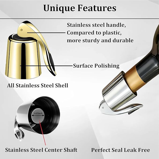 Pafusen Wine Stoppers Set of 2, Stainless Steel Wine Bottle Stopper with Silicone Seal, Reusable Wine Freshness Keep, Wine Saver Wine Bottle Sealer Stopper, Wine Accessories (Gold)