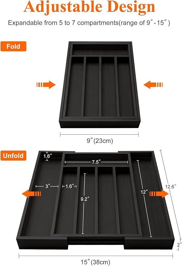 Black Bamboo Kitchen Silverware Organizer Tray Expandable Large Utensil Holder Drawer Divider Organizers Storage Adjustable Cutlery Utensil Tray Spoon Holder Wooden Flatware Organizer for Drawer