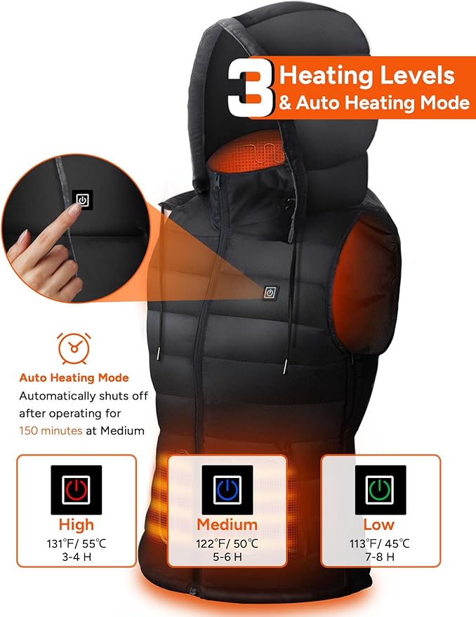 DR.PREPARE Heated Vest, Unisex Winter Hooded Heated Vests Outerwear for Men Women, Lightweight USB Electric Heated Clothing Vest with 3 Heating Levels, Adjustable Size (Battery Pack Not Included)