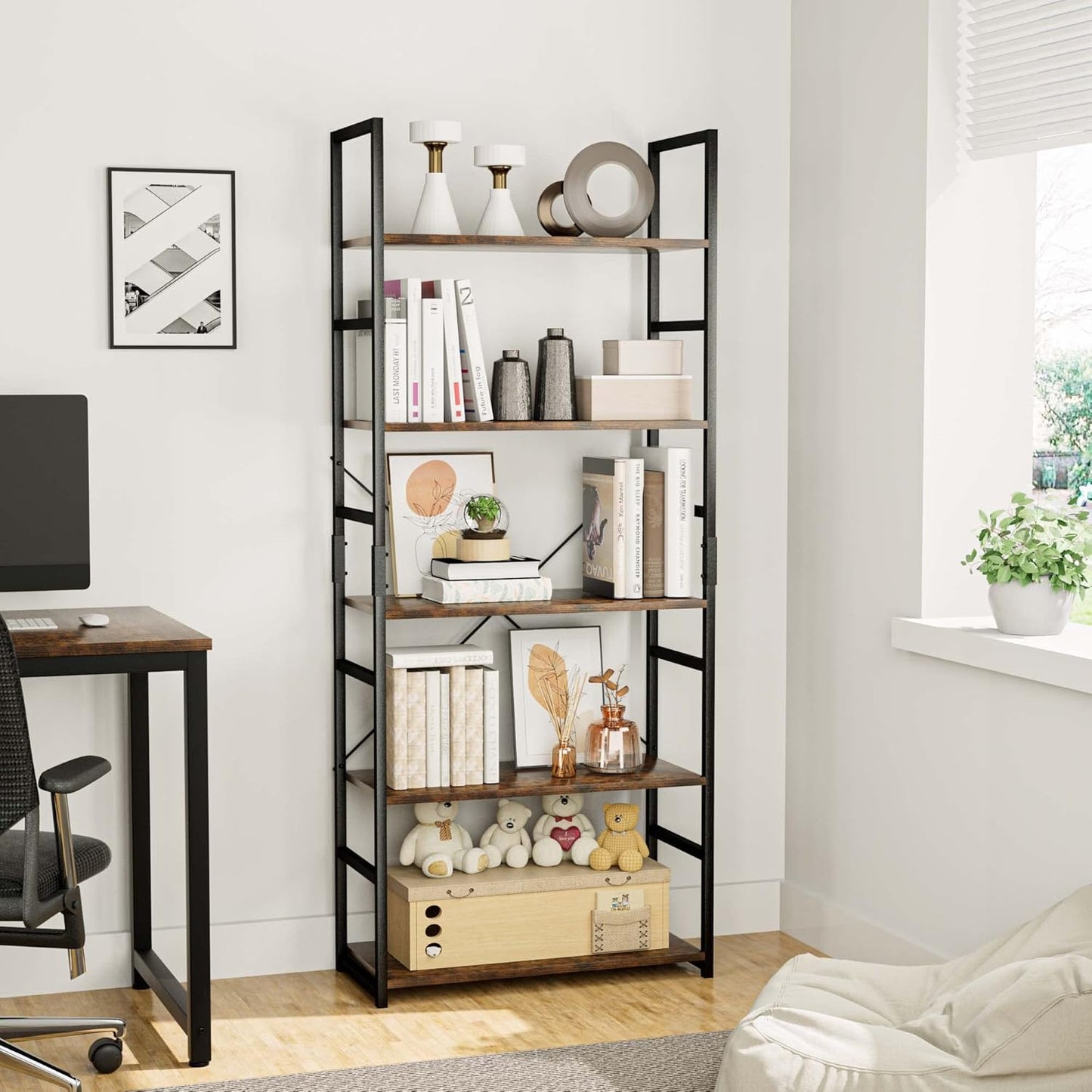 OTK 5 Tier Bookshelf, Tall Bookcase, Office Shelf Storage Organizer, Modern Book Shelf for Living Room, Bedroom, and Home Office, Vintage