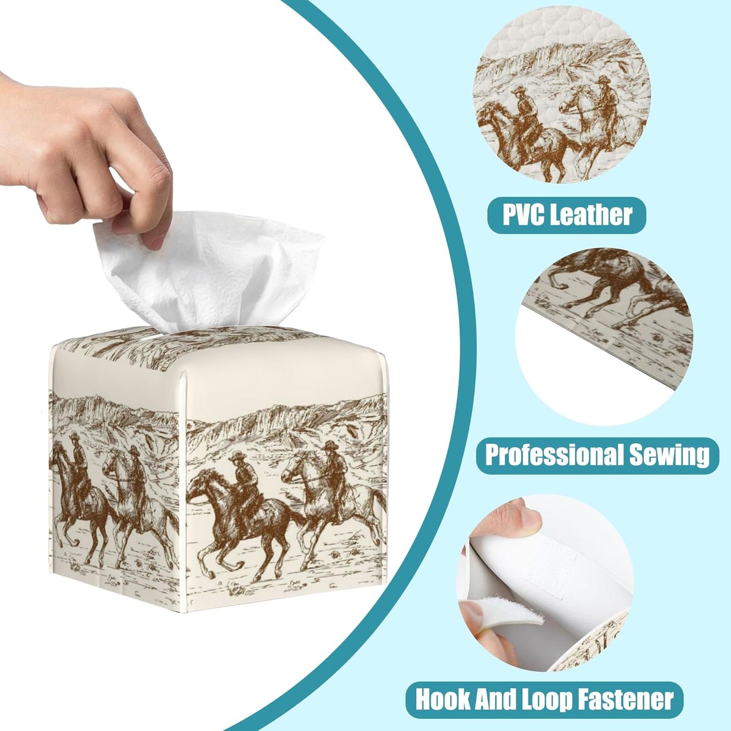 American Cowboys Tissue Box Cover,Wild West Desert Tissue Box Holder Square,Waterproof Leather Organizer Portable Decorative Facial Paper for Bedroom Dresser Night Stand Office Desk,5.2" x 5.2" x 5.2"