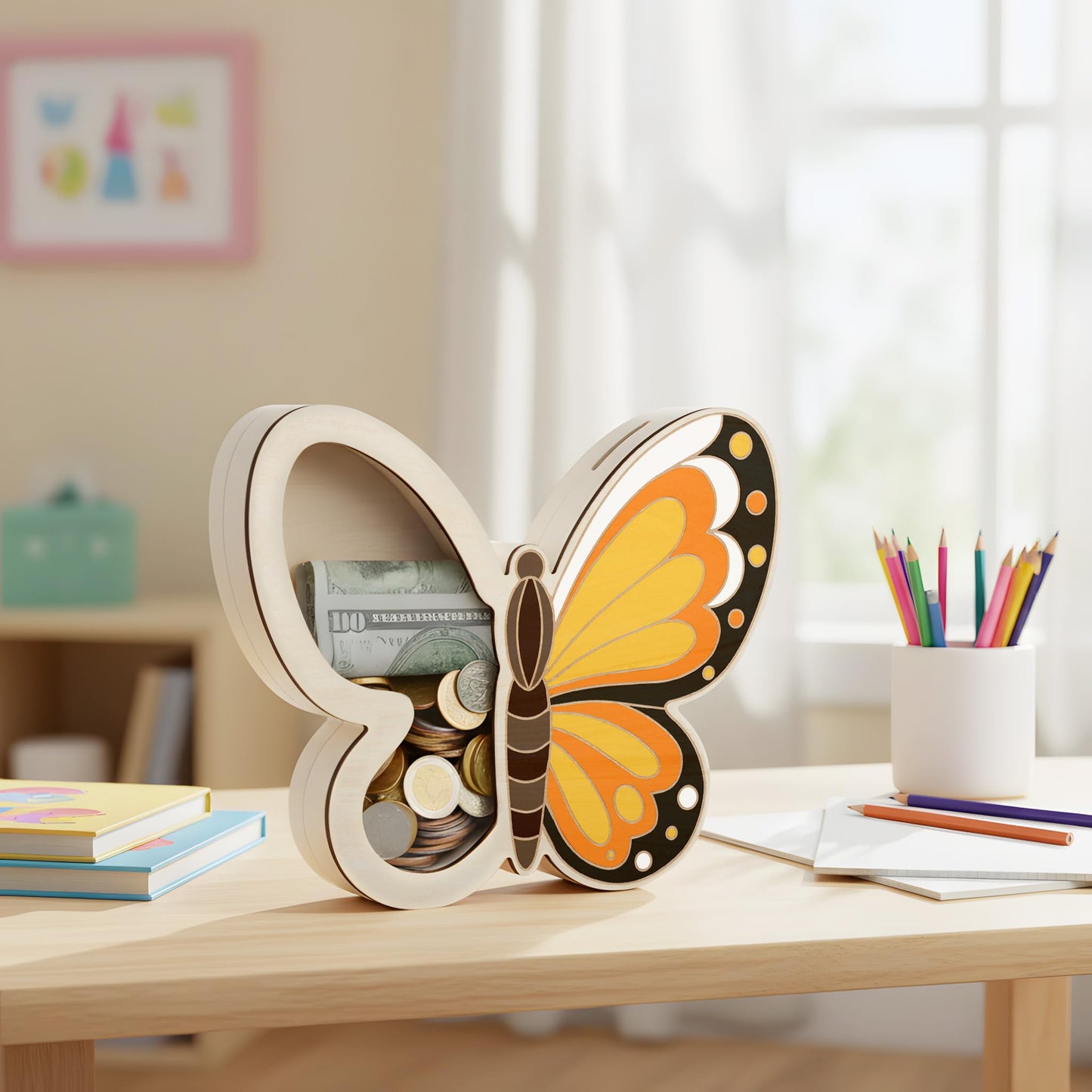 Butterfly Piggy Bank for Kids, Paint Your Own DIY Butterfly Bank with Clear Window, Wooden Savings Box for Coins and Bills, Room Decor Gift