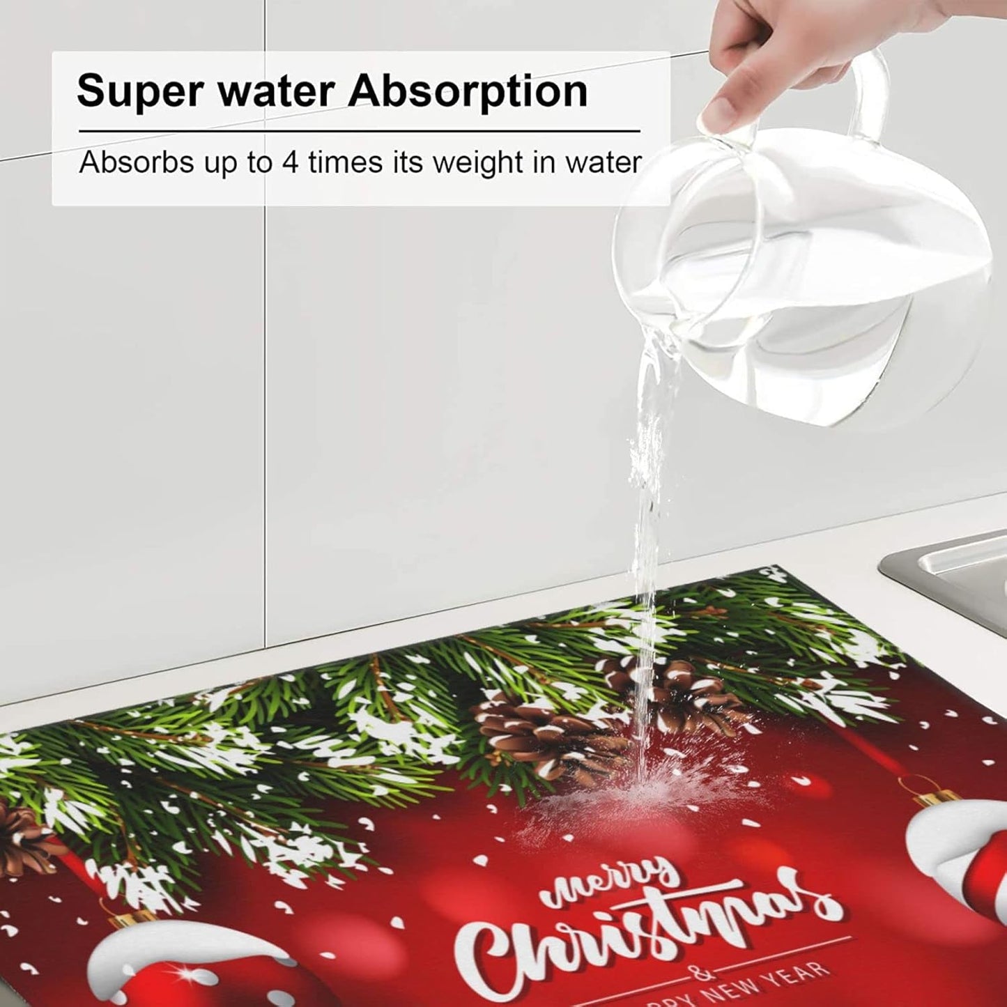 Christmas Dish Drying Mat Red for Kitchen Counter Ball Fir Branch Absorbent 16x18 Inch Microfiber Dishes Protector Dry Draining Pad Reversible Washable…