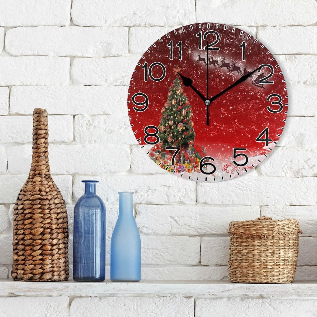 Santa Claus Christmas Tree Wall Clock Battery Operated Non Ticking Silent Quartz Analog Rustic Farmhouse Round Clock Retro Decor for Home Kitchen Living Room Bathroom