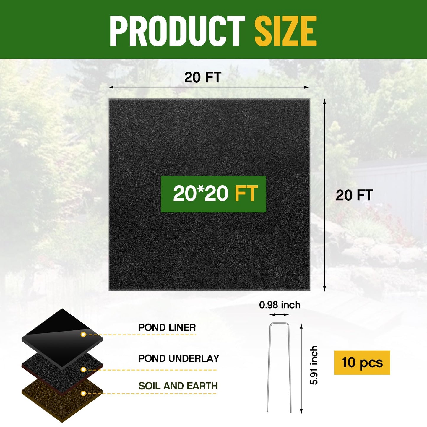 Fanfanwin 20 x 20 ft Pond Liner Underlayment 6oz Heavy Duty Black Non Woven Geotextile Underlayment Fabric with 10 U-pins for Outdoor Pond Streams Fountains Garden Waterfalls Fishpond Weed Barrier