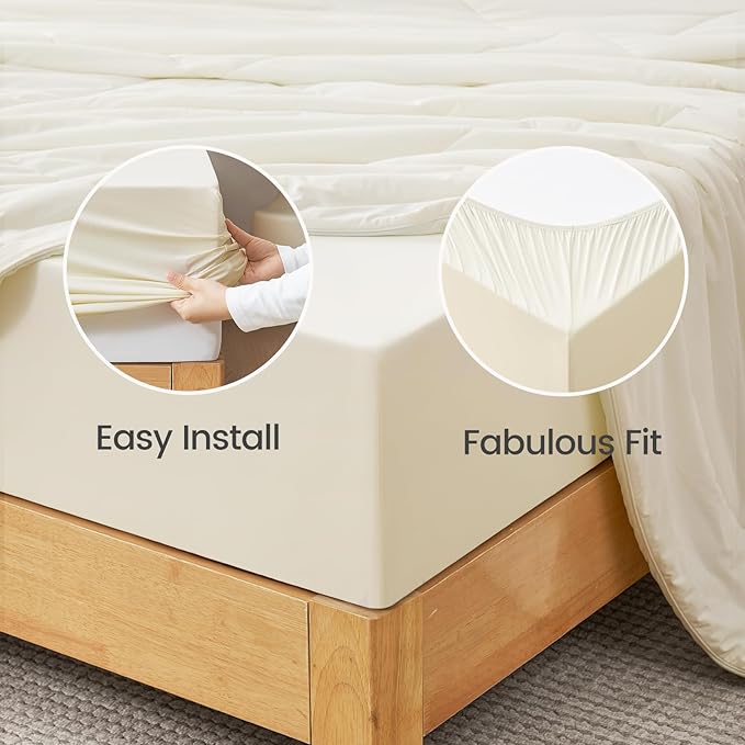 Cozy Bliss Premium Cooling Sheet Set King Size, Q-Max>0.4, 3PCS No Flat Sheet with 2 Pillowcases, Breathable Fitted Sheet for Hot Sleepers & Night Sweats, Deep Pocket Up to 18 Inches, Cream White