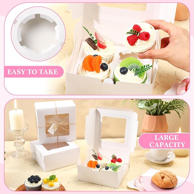 36 Pack Cupcake Boxes Hold 4 Count Christmas Disposable Cupcake Containers with Window and Cake Carrier with Thanks Card and Jute Rope to Muffins Cupcakes Cookies Gift Wrapping (White)