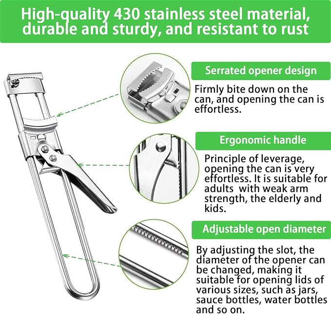 2026 Upgrade Adjustable Stainless Steel Jar Opener, New Jar Opener for Weak Hands, Multifunctional Lid Gripper & Bottle Opener with Handle, Easy-Open Kitchen Tool for Seniors and Kids (1 Pc)