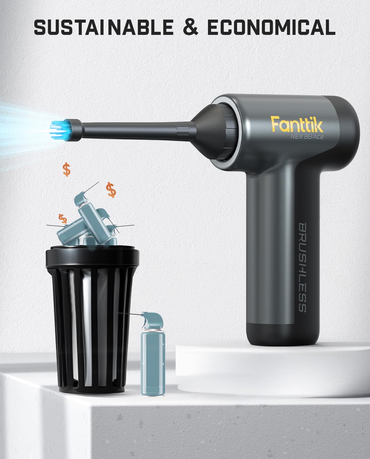 Fanttik B8 Ace Electric Air Duster - 110000RPM, 2600mAh Battery, Grey, LED Light for PC, Keyboard & Cabinet Cleaning