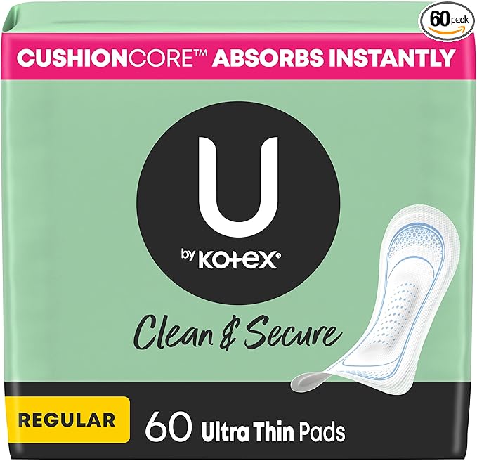 U by Kotex Ultra Thin Pads, Clean & Secure, Regular Absorbency, 60 Count (Packaging May Vary)