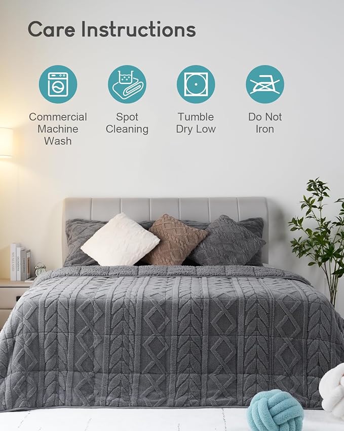 Cottonblue Jacquard Sherpa Weighted Blanket 15lbs for Twin/Full Bed - Ultra Soft, Cozy Comfort Blanket for Relaxation and Sleep, Heavy Bed Blankets with Cemaric Beads, 48x72 Inches, Grey