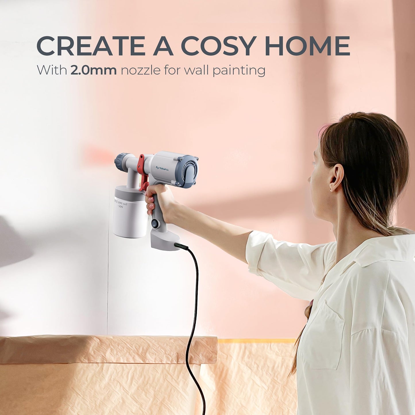 Tilswall Paint Sprayer,Upgraded Ultra-Light Electric Paint Spray Gun with 2 Nozzles & 4 Patterns Easy to Clean for Fences, Sheds, Walls, Ceilings, Furniture, Cabinets, Garden & DIY White